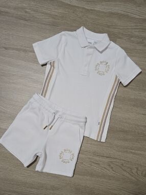 Boss White Kids Polo & Shorts Set with Gold Accents, Size 3y